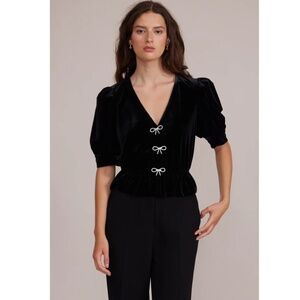 CeCe Women's Black Puff Sleeves Stretch Velvet Rhinestone Bows Peplum Top Size S